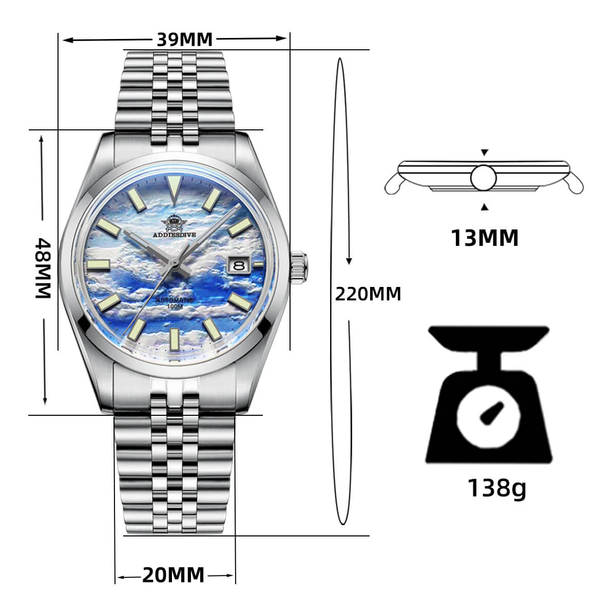 Addiesdive 39mm Orologio Automatico con Quadrante 3D Sea of Clouds AD2041 - Image 3