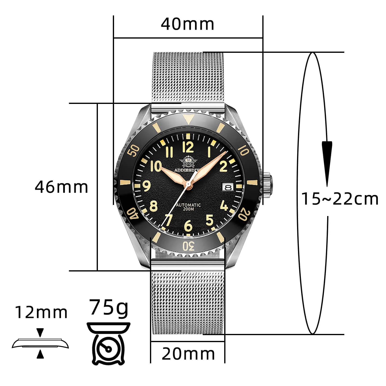 ADDIESDIVE Orologio Automatico da uomo con cinturino in maglia di acciaio inossidabile Diver 200M H9 - Image 8