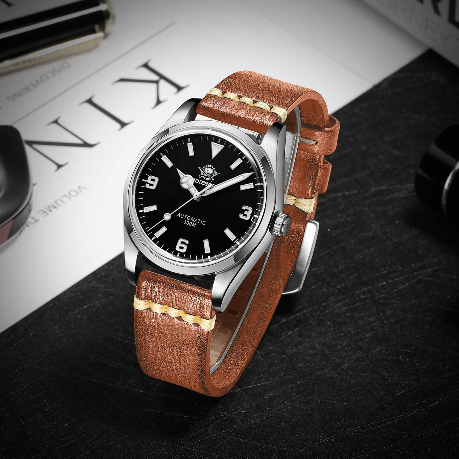 ADDIESDIVE Orologio Pilota Automatico 38mm 100M (AD2112-cinturino in pelle) - Image 3