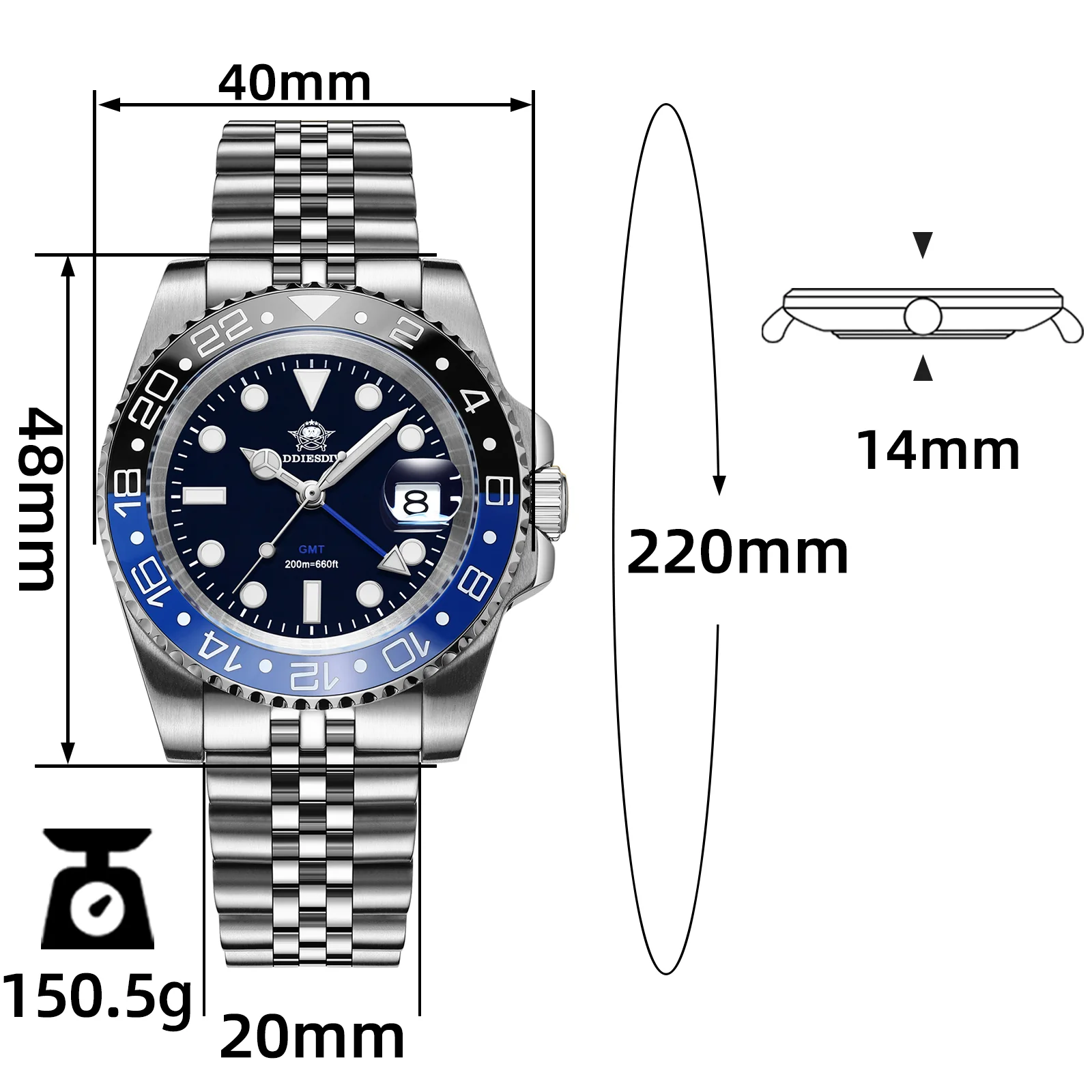 ADDIESDIVE Water Ghost Orologio Subacqueo di Lusso GMT Orologio al Quarzocon Calendario AD2050 - Image 13