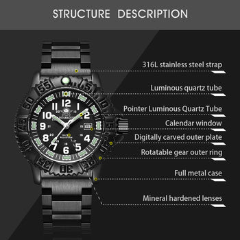 Quartz Sports Watch Men 24 Hours Luminous Black Stainless Steel - Image 8